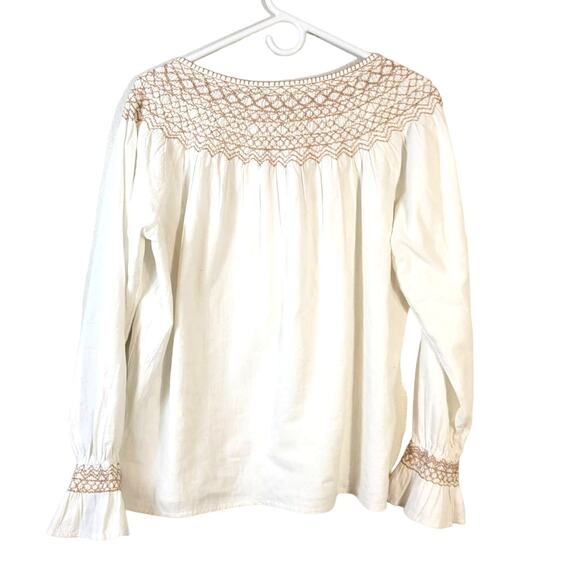 Faherty Blouse Women's S Laura Organic Cotton Boho Peasant Embroidered Smocked - Picture 2 of 10